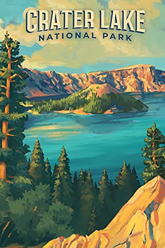 Crater Lake National Park, Oregon, Oil Painting National Park Series (9x12 Wall Art Print, Home Decor)