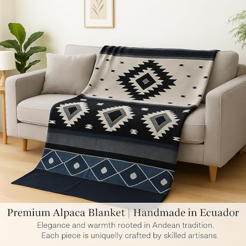 Image of Alpaca Wool Blanket, King Size, Reversible 2 in 1, Thick and Ultra Soft, Hypoallergenic, Non-Itchy, Handmade in Ecuador. Premium Alpaca Wool Thtow Blanket for Cozy Comfort. Blue