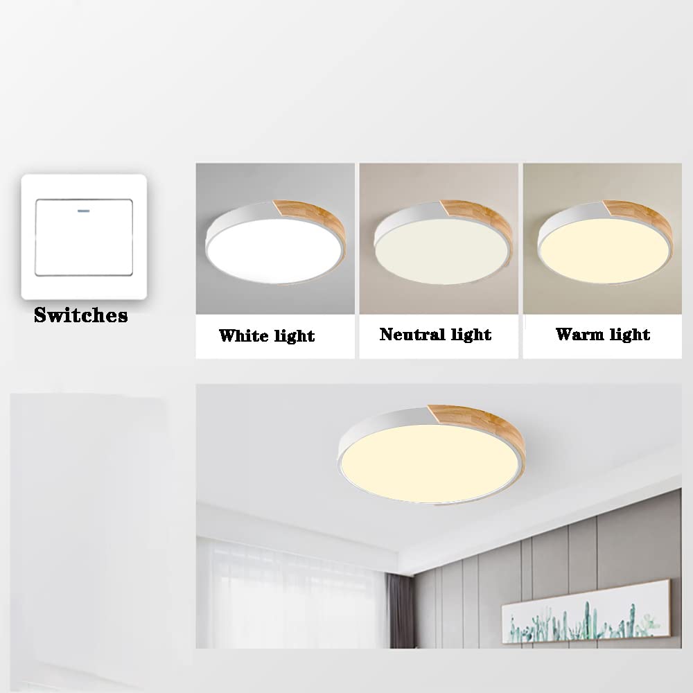 Lampa sufitowa LED 12 cali, nowoczesny styl, drewniana, podtynkowa, ściemniana, biała, 24 W, do salonu lub sypialni.