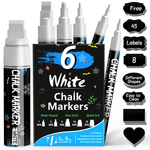 APOGO White Chalk Pens, Liquid White Markers for Blackboards, Signs, Christmas Window, Chalk Markers with 45 Blackboard labels, Pack of 6 Chalkboard Pens-Wet Wipe Erase-(1, 3, 6, 10, 15mm)