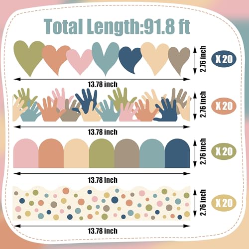 80 Stück Boho-Pinnwand-Bordüre,Bunte Klassenzimmergrenzen, Retro-Herz- und Handmuster，Selbstklebende Boho-Gänseblümchen-Bordüren für Pinnwand, Tafel, Tür und Wanddekorationen，Schule und Büro（28 M）
