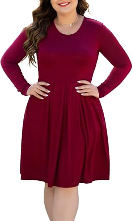 Womens Plus Size Long/Short Sleeve Dress Casual Pleated Swing Dresses with Pockets