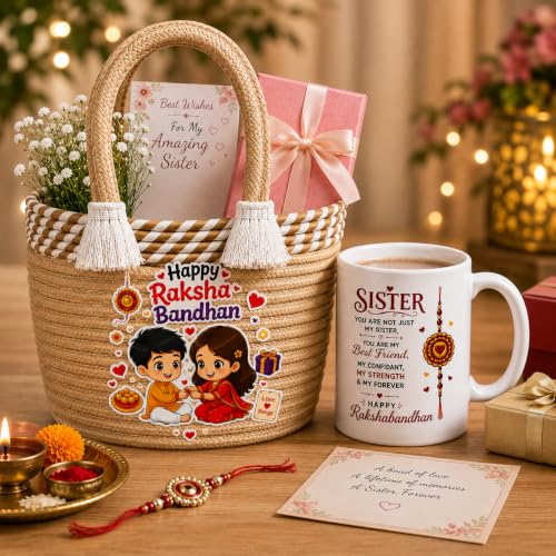 Image of Rakhi Gift Hamper for Sister | Rakhi Bag (Random Color) with Printed Ceramic Coffee Mug | Raksha Bandhan Festive Combo | Designer Hamper | Coffee Mug Set