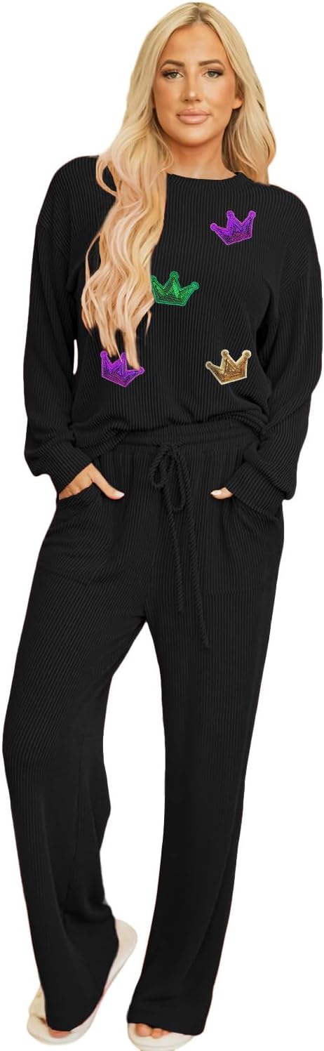 Women Pajamas Set Loungewear Ribbed Long Sleeve Top and Pants with Pockets Lounge Pj Set Sleepwear - Image 5