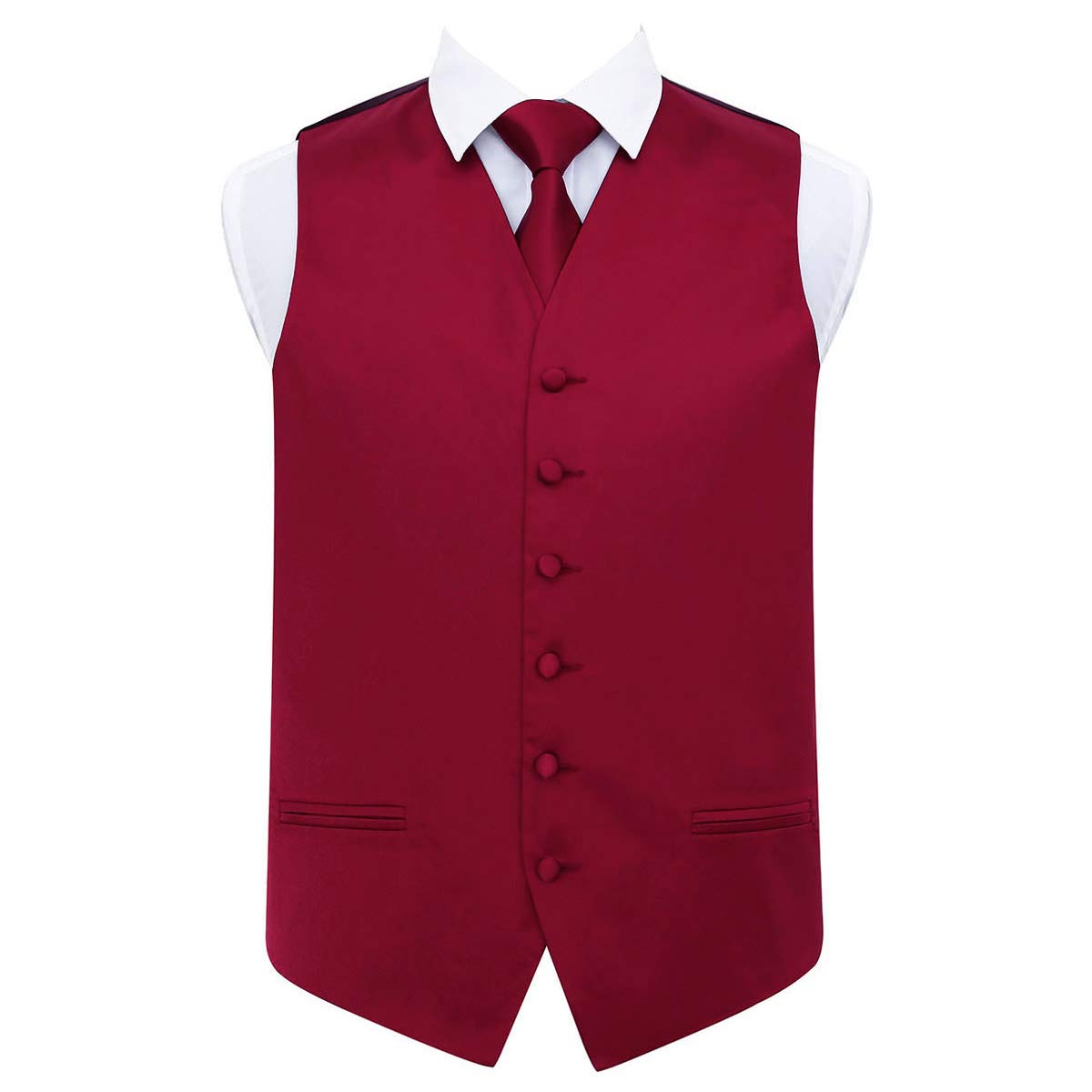 Dqt Men's Burgundy Plain Satin Waistcoat & Tie Set (2Pc) - Wedding, Business & Formal - 44" (2Xl)