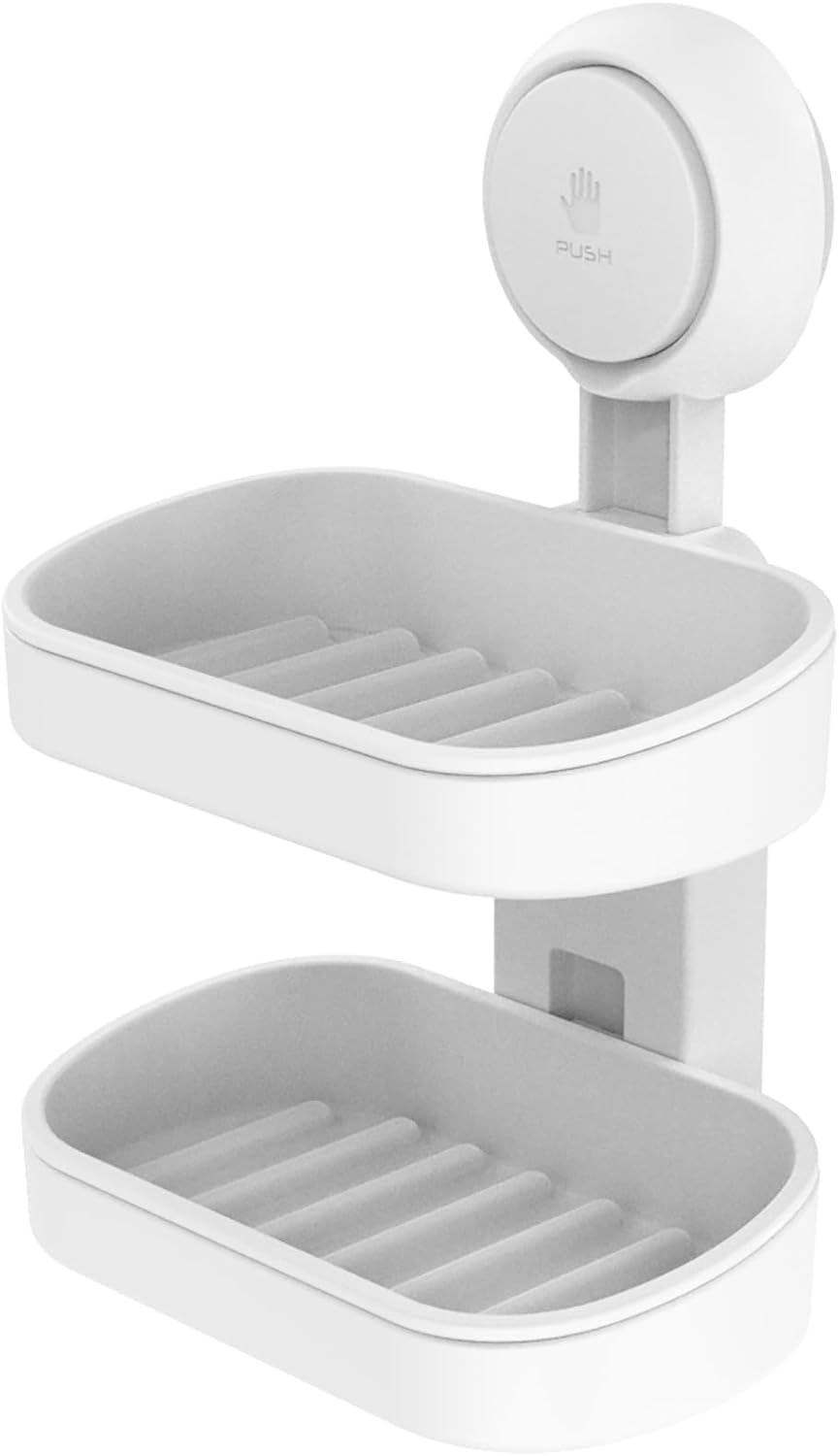 TAILI Soap Holder, Soap Dish for Shower Suction Cup, Bar Soap Holder, White | 2 Layer Removable Soap Holder Shower, Soap Tray for Shower Wall, No drill Sponge Holder, Bathroom & Kitchen, Bath Accessories