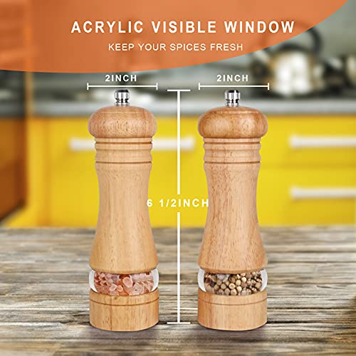 Haomacro Salt And Pepper Grinder Set, Wood Pepper Mills,Wooden Salt Grinders Refillable Manual Pepper Ginder With Acrylic Visible Window,Ceramic Grinding Core- 6.5 Inches–Pack Of 2 #TOP3