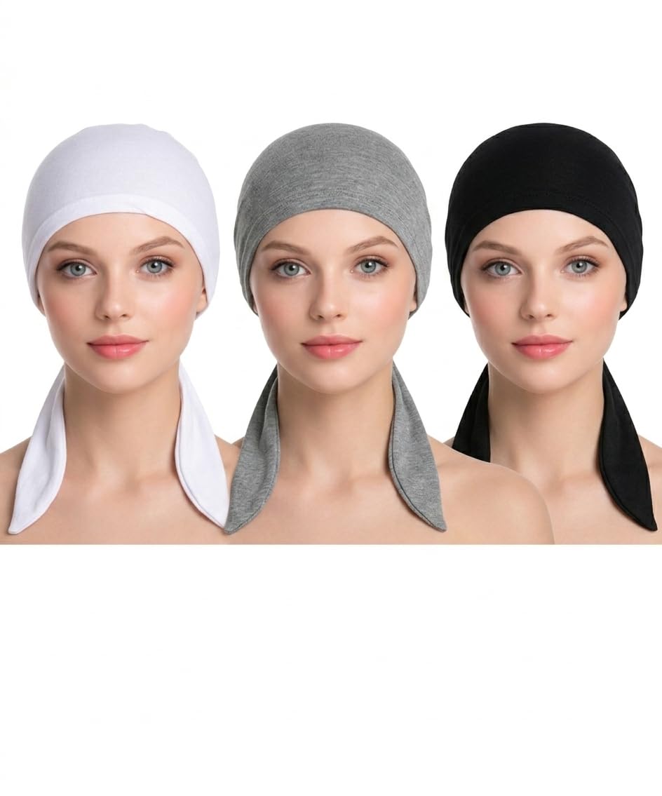 Women's Ponytail Inner Cap, White, Grey, Black, Soft Stretchable Polyester, Adjustable Tie-Back, Hijab Base, 3 Pack-picture-26