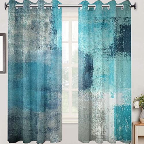Tomwish Turquoise Window Curtain Panels Grommet Blackout Curtains Turquoise Grey Abstract Art Painting Modern Patio Blackout Curtains For Living Room Bedroom Window Treatment Set 52 X 84 Inch 2 Panel #TOP4