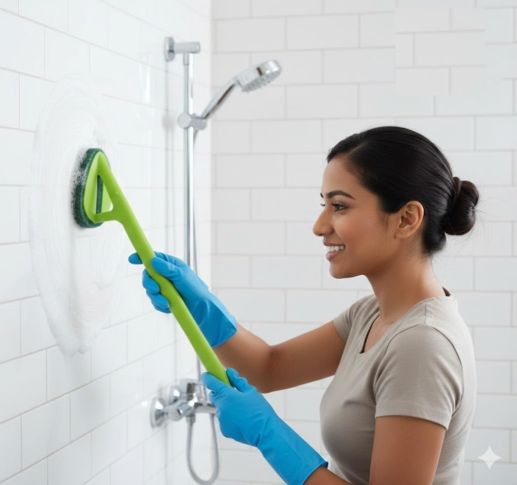 Long Handle Bathroom Scrubber Brush with Sponge Head, Green, for Tile and Shower Wall Cleaning-image-47