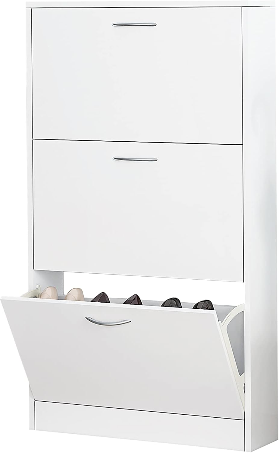 White Free Standing Shoe Cabinet, Entryway Narrow 3-Tier Shoe Storage Organizer with Flip Drawers