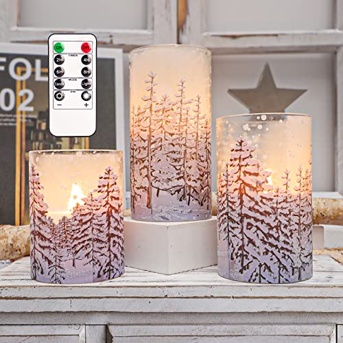 Image of Christmas Tree Flameless Candles, Flickering Battery Operated LED Candles with Remote Timer, Snowflake Iced Glass Pillar Candles for Holiday Party Home Decoration Christmas Gifts, Set of 3