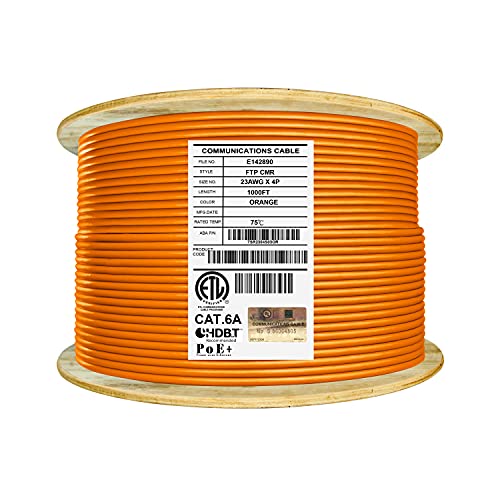Elite Cat6A Shielded Riser (CMR), 1000ft, FTP 23AWG, Solid Bare Copper, 650MHz, 10Gb Speeds, UL Listed, UL-LP Certification, Higher Performance PoE++, TAA Compliant, Bulk Ethernet Cable Reel, Orange