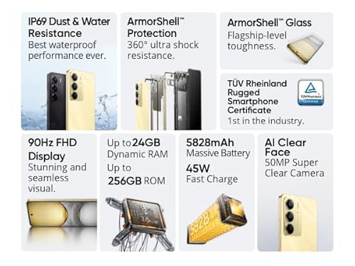 realme C75 Smartphone 8+128GB, Étanchéité IP69, Batterie puissante de 5828 mAh,Expérience Intelligente avec IA, Écran FHD 90 Hz de 6,72 po, Noir, Pas d'adaptateur