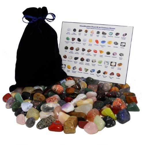 HUGE 101 STONE MIXED LOT Assorted Mix of Bulk Natural Mineral Tumbled Gemstones + Velvet Bag + ID Chart