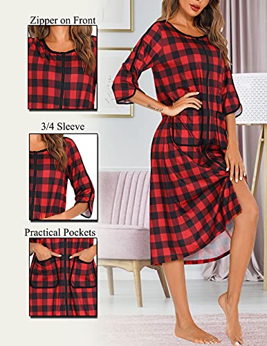 Image of Veseacky Women Robe Zipper Front House Coat 3 /4 Sleeve Nightgown Full Length Ladies Lounge Dress with Pockets S-XXL