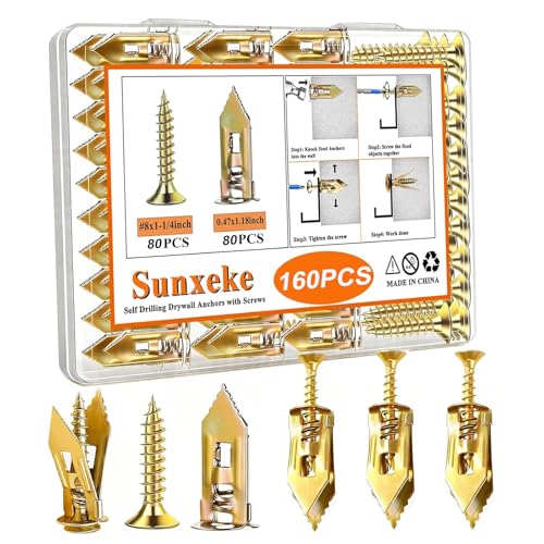 Sunxeke 160Pcs Self Drilling Drywall Anchors with Screws Kit,80 Sheetrock Anchors & 80 Zinc Expansion Screws,No Drill Needed Wall Anchors with Screws,Hold Up to 66lbs for Picture Frame,Shelves