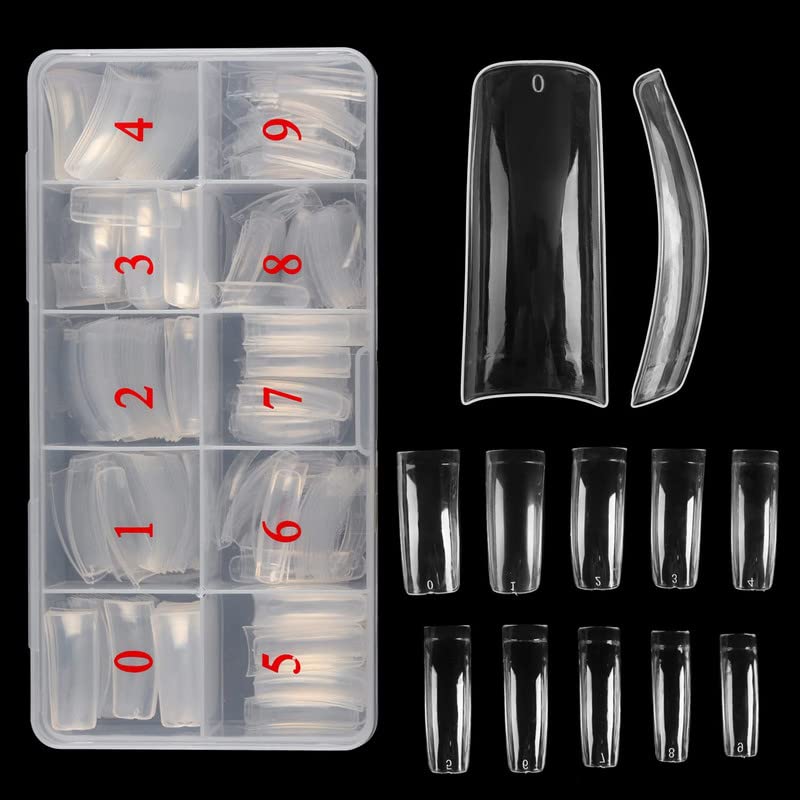 100 Pcs Curved Tips with Box Kit, Tapered Square Hawk Curve Tips Half Cover Clear Fake Nails for Nail Salon and DIY Nail Art 80 90s Nails (10 Sizes)-image-40