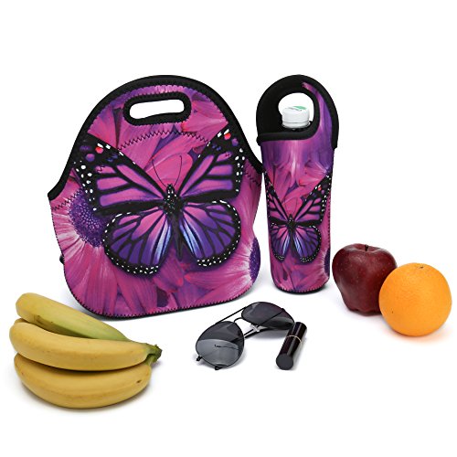 Neoprene Lunch Bag,Thick Insulated Lunch Box Bag For Women,Men & Kids Includes Water Bottle Carrier For Snacks & Lunch- Lightweight|Rugged Lunchbox |For Travel,Picnic,School,Office (Purple Butterfly) #TOP6
