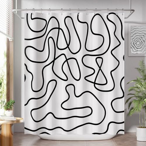Image of AmazerBath Shower Curtain, Washable Cloth Black and White Shower Curtain Sets with 12 Metal Shower Curtain Hooks, Rustic Abstract Black Lines Art Fabric Shower Curtains for Bathroom Decor, 72x72 Inch