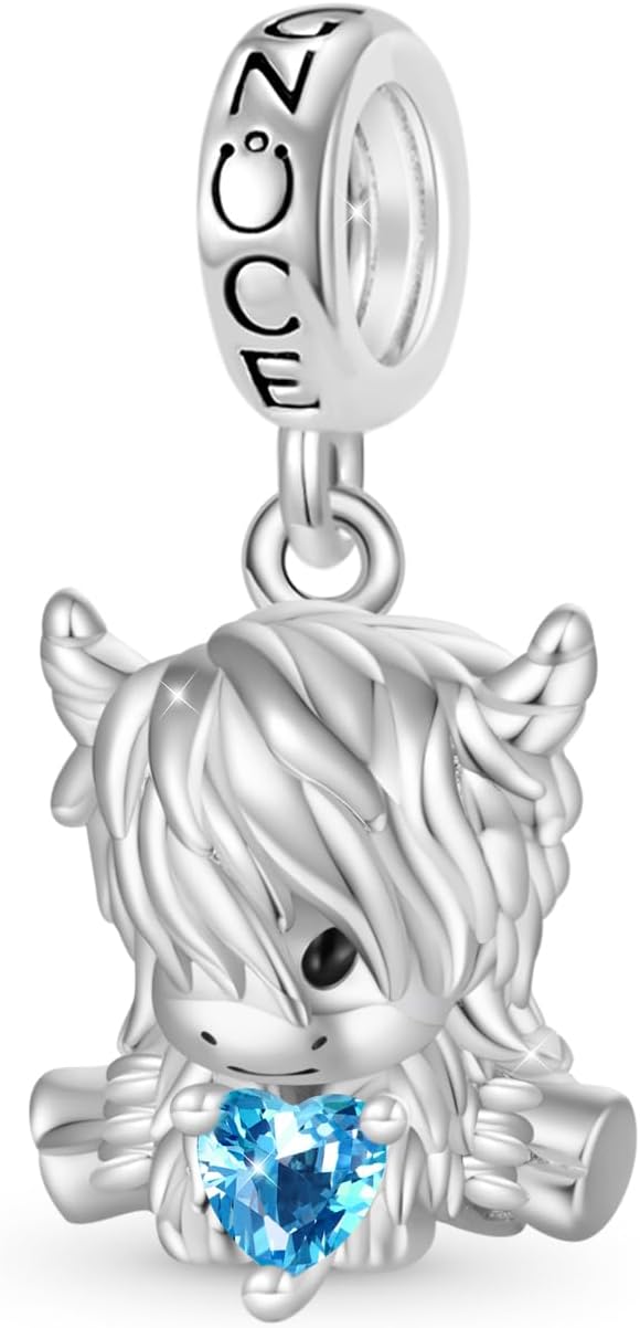 GNOCE Highland Cow Cute Love Embraces Heart Birthstone Charm For Women, 14K White Gold Plated Bead Charm Bracelet for Her, Jewelry Gift Animals