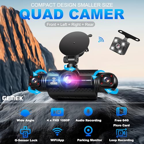 360 Degree View 4 Channel Dash Cam 5G WiFi & App Control, GEMEK 2K Front and Rear Inside, Left and Right Dash Camera for Cars, Free 64GB TF Card, G-Sensor, Night Vision, 24 Hour Parking - image 2