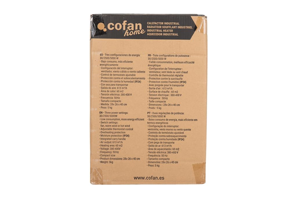 Cofan Grzejnik przemysłowy 5000 W | 3 poziomy mocy | Regulowany termostat | Funkcja wentylatora | Gniazdo trójfazowe (5 pinów) | Nadaje się do użytku przemysłowego