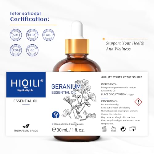 Image of HIQILI Geranium Essential Oil for Diffuser & Skin Care | Refreshes Air, Nourishes Skin, Can be Mixed with Any Bases, Great for Aromatherapy, DIY Soap & Candle - 30mL / 1.01 fl oz
