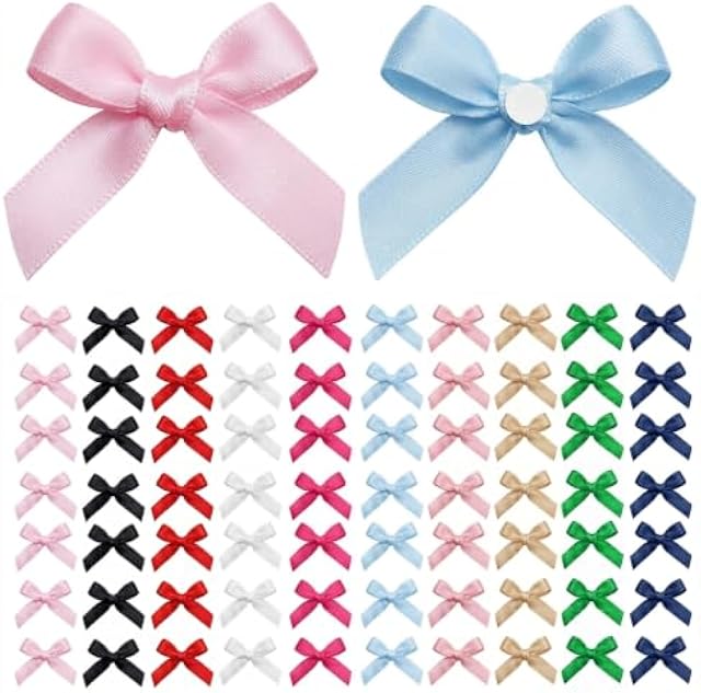 EONSUI 100PCS Mini Mixed Color Bows Decoration with Glue Dots, Tiny Satin Ribbon Ornaments for DIY, Crafts, Favors, for Wedding, Birthday, Bachelorette Party, Bridal Shower, Engagement, Baby Shower