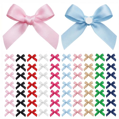 EONSUI 100PCS Mini Mixed Color Bows Decoration with Glue Dots, Tiny Satin Ribbon Ornaments for DIY, Crafts, Favors, for Wedding, Birthday, Bachelorette Party, Bridal Shower, Engagement, Baby Shower