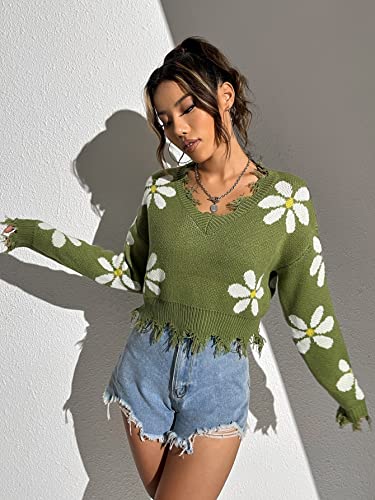 Wdirara Women's Floral Pattern V Neck Long Sleeve Raw Hem Crop Sweater Ribbed Knit Pullovers Green S #TOP3