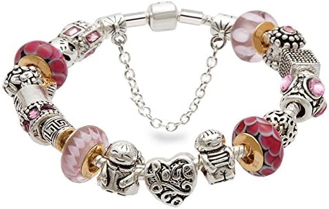 (7.8inch/20cm) Fashion Beautiful European Style Red & Pink Glass Beads Boy & Girl love heart Charm Beaded Silver-Tone Bracelet
