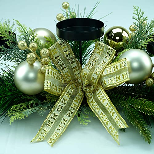 Yuletime 28" Christmas Triple Candelabrum, Holiday Candle Holder With Three Trays, Gold Bowknot & Baubles, Natural Pine Cones, Golden Berries, Green Leaves Holly, Spruce Branches, Pine Needles #TOP3