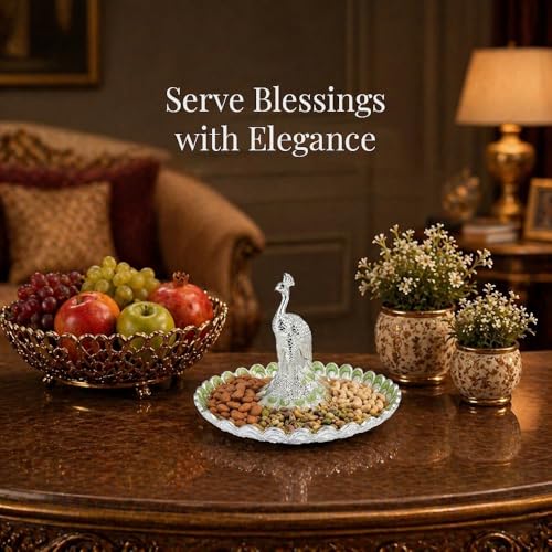 Image of Diviniti German Silver Peacock Decorative Tray | Luxury Home Decor Platter with Green Enamel Feather Design | Premium Dry Fruit & Sweet Serving Tray | Elegant Center Table Decor Gift with Box
