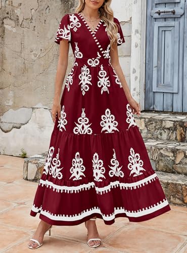 Image of PRETTYGARDEN Womens 2026 Summer Casual V Neck Boho Maxi Dress Flowy Aline Bell Sleeve Tiered Floral Dresses with Pocket