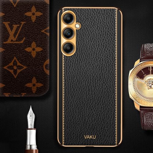 Image of Vaku Luxos Luxemberg Back Cover Case for Samsung Galaxy A14 5G with Leather Pattern Design Gold Electroplated Soft TPU Cover| Shockproof Protective Case - Black
