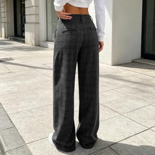 Womens Plaid Straight Leg Pants High Waist Pocket Checked Casual Trousers - image 6