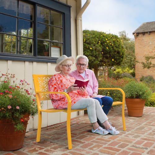Bonnlo Banc de Jardin en Métal 127 cm, Design Floral, Banc Extérieur 2-3 Places, Résistant aux Intempéries, Charge 250 kg - Jaune