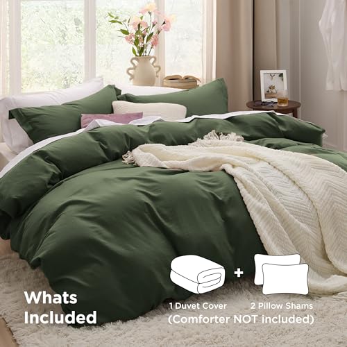 Image of Bedsure Olive Green Duvet Cover Full Size - 3 Pieces Prewashed Extra Soft Cotton-Like Polyester Bedding Set, Includes 1 Duvet Cover 80x90 Inches with Zipper Closure & 2 Pillow Shams, No Comforter