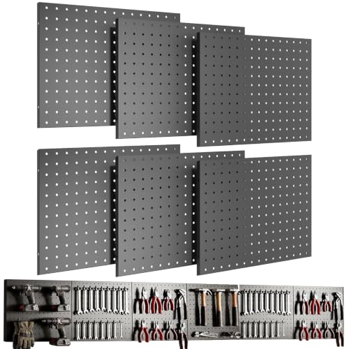 FANSXIVITA 6 Pcs Metal Pegboard Wall Organizer, 16" x 12" Heavy Duty Peg Board for Garage Tool Storage, Black Peg Board Panels for Garage, Craft Room, Workbench Storage