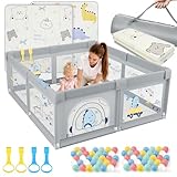 SOFTHOM Parc Bébé avec Tapis, Parc Bebe Jusqu'à 40 KG, 300D Tissu Oxford/Ventouse Base/360° Filet Respirant, Sûr Centre d'Activités pour Enfants (Dinosaure gris, 120x120x66cm)