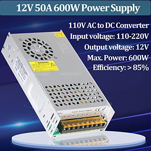 New Version DC 12V 50A 600W Power Supply 110V AC to 12V DC Converter Power Supply Adapter 50A 600W Switch Transformer for Motor Pump CCTV Security Camera Car Stereo 3D Printer and More 12v Device