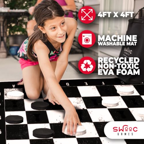 Swooc Games - 3-in-1 Giant Chess, Checkers, & Chess Tac Toe Game with Mat (4ft x 4ft) - Machine-Washable Canvas & 5" Big Foam Discs - Giant Chess Set Outdoor & Checkers Board Game for Adults & Kids by Swooc - Used condition - Image 5