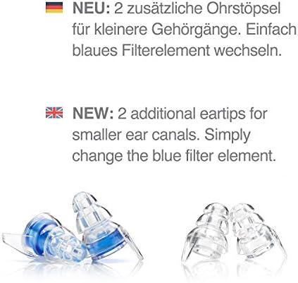 SENNER MusicPro - Reusable Hearing Protection Earplugs for Concert, Festival, Music and Club with Transparent Aluminium Container, Especially Light Ear Protectors to wear (tall black box blue filter)