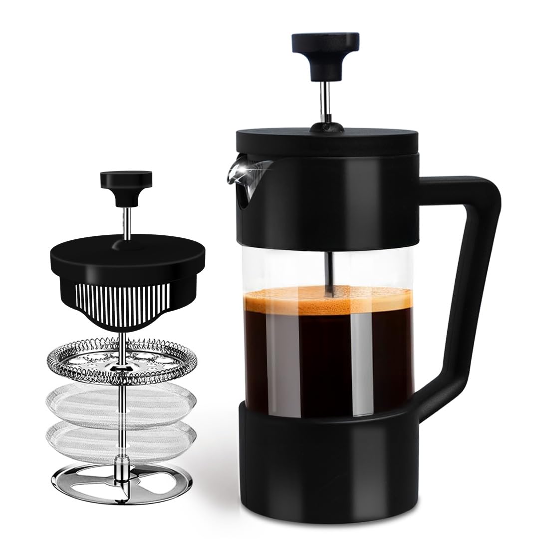 Sleepy Owl French Press Coffee Maker 350ml - Black | Heat Resistant Borosilicate Glass and Double Filtered Perfection for the Perfect Brew | Stainless Steel | Portable | Office & Home | Makes 2 cups