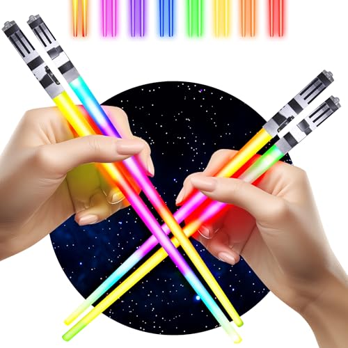 LIGHTSABER CHOPSTICKS LIGHT UP STAR WARS LED Glowing Light Saber Chop Sticks REUSABLE Sushi Lightup Sabers Bright LEDs - 8 Color Modes - 2 Pairs
