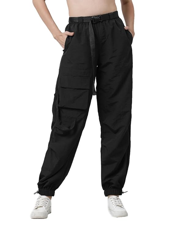BENE KLEED Women Nylon Slip on Solid Parachute Fit Cargo Jogger with Belt