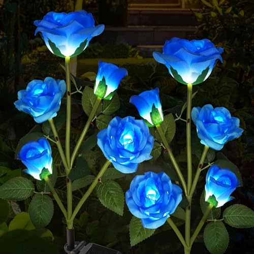Etre Jeune Solar Garden Flower Lights Outdoor with More Realistic 10 Rose Waterproof for Outside Patio Yard Pathway Decorations, 2 Pack Blue