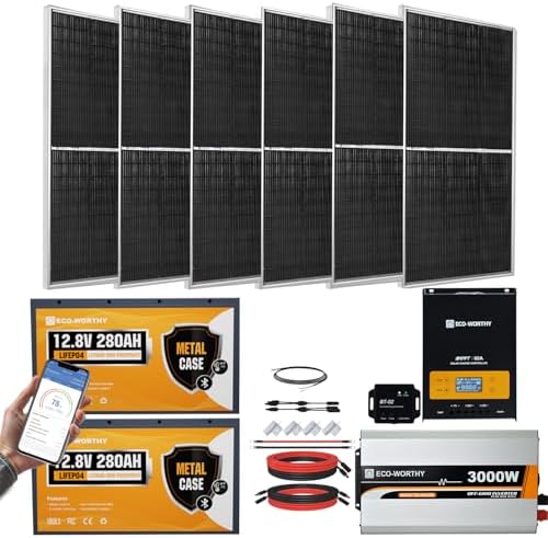 [Ultra] ECO-WORTHY 1200W 24V 5.52KWH Lithium Battery Solar System Off Grid:6pcs 195W Solar Panels+2Pcs 12.8V 280Ah Lithium Battery+60A MPPT Charge Controller+3000W Pure Sine Wave Inverter