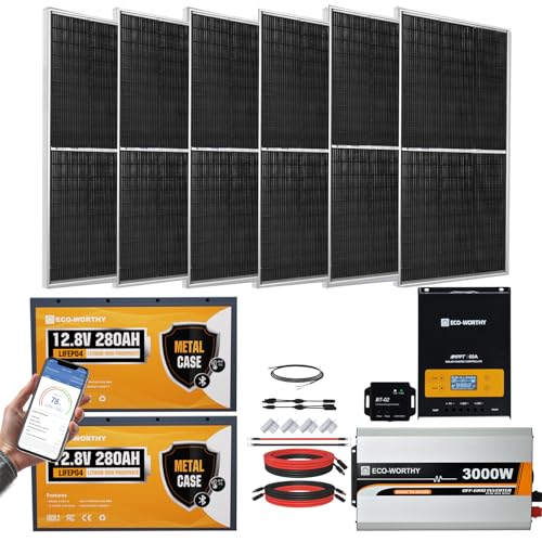 [Ultra] ECO-WORTHY 1200W 24V 5.52KWH Lithium Battery Solar System Off Grid:6pcs 195W Solar Panels+2Pcs 12.8V 280Ah Lithium Battery+60A MPPT Charge Controller+3000W Pure Sine Wave Inverter